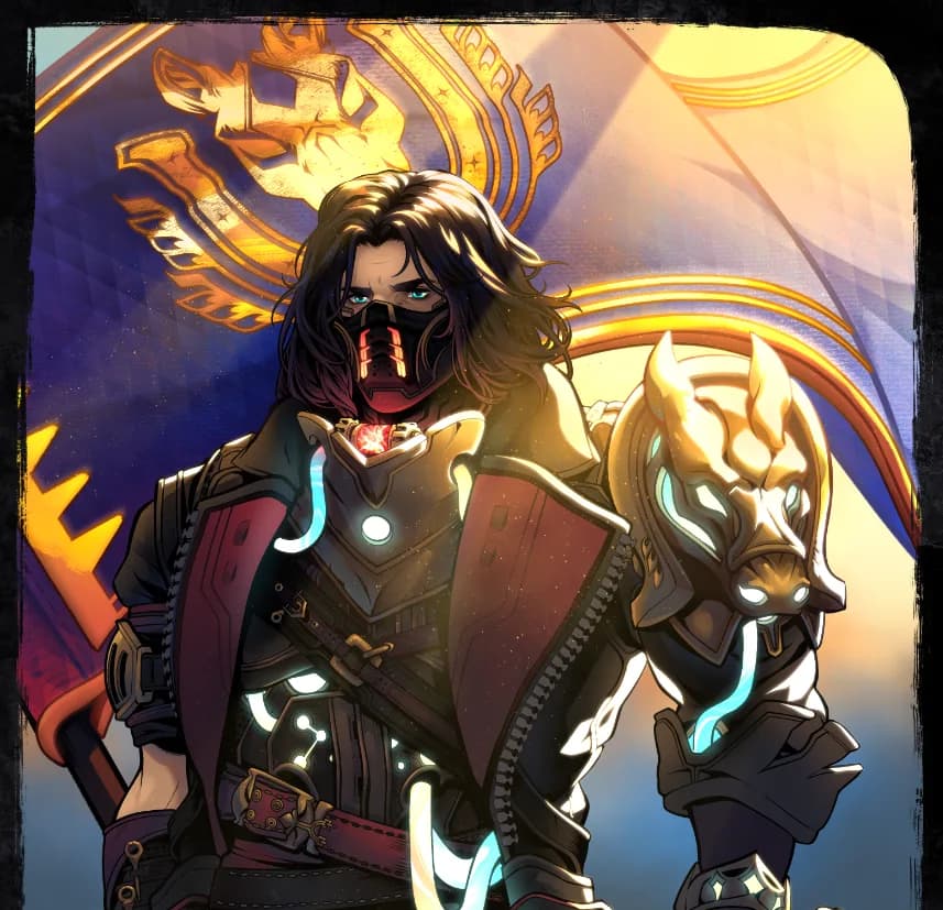 Daniel Khazor: a masked man in a dark coat, a golden gauntlet shaped like a beast's head on one arm, a banner behind him