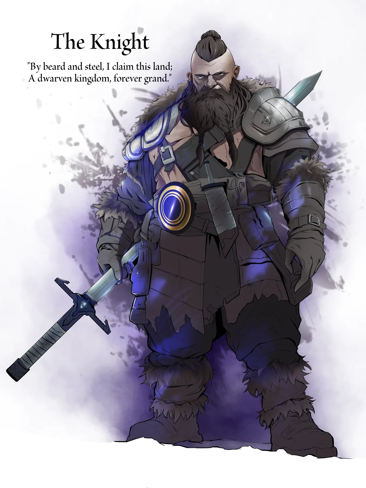 Jered, The Knight. Lettered on the art: “By beard and steel, I claim this land; a dwarven kingdom, forever grand.”